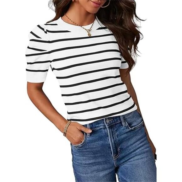 Women's Trendy Summer Tops Lightweight Striped Puff Short Sleeve Crew Neck - Picture 6 of 6